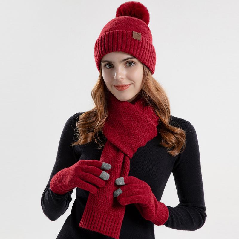 Winter Gestrickte Wollmütze Frauen Warme Mütze Schal Handschuhe Dreiteilige Gehörschutz Kappe Hülsenkappe Skullies Beanies