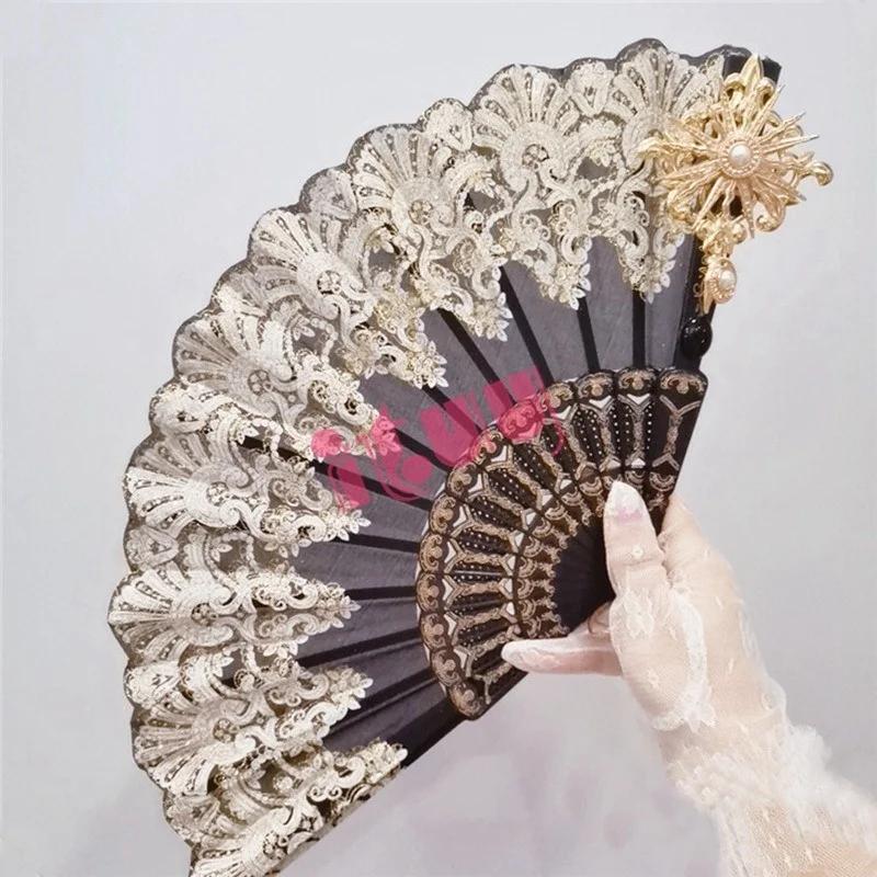 Lolita Cosplay Hand Held Fan Gothic Angel Wing Feather Rose Bead Chain Lace Flower Black Folding Fan Dance Photo Props Halloween