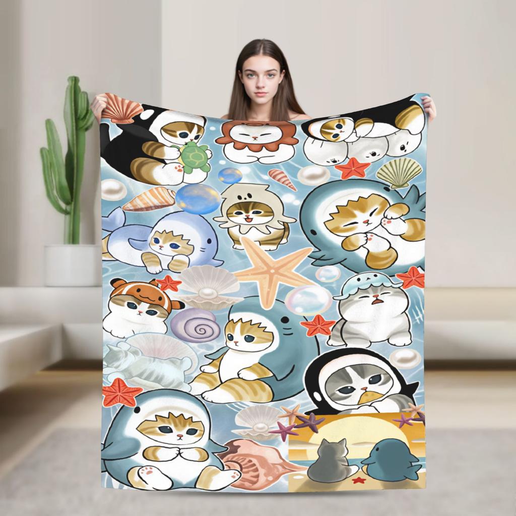 Mofusand Japanese Shark Cat Blankets Quality Warm Cozy Throw Blanket Autumn Picnic Chair Sofa Bed Graphic Bedspread
