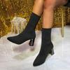 Fashion Women Spring Autumn Black Sock Boots Knitted Elastic Women's Chunky High Heels Short Boots Pointed Toe Botines Large Size 35-42