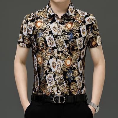 Kinesisk Stil Blommig Isilke Kortärmad Skjorta Herr Jacquard Business Casual Lös Skjorta Pappa Outfit