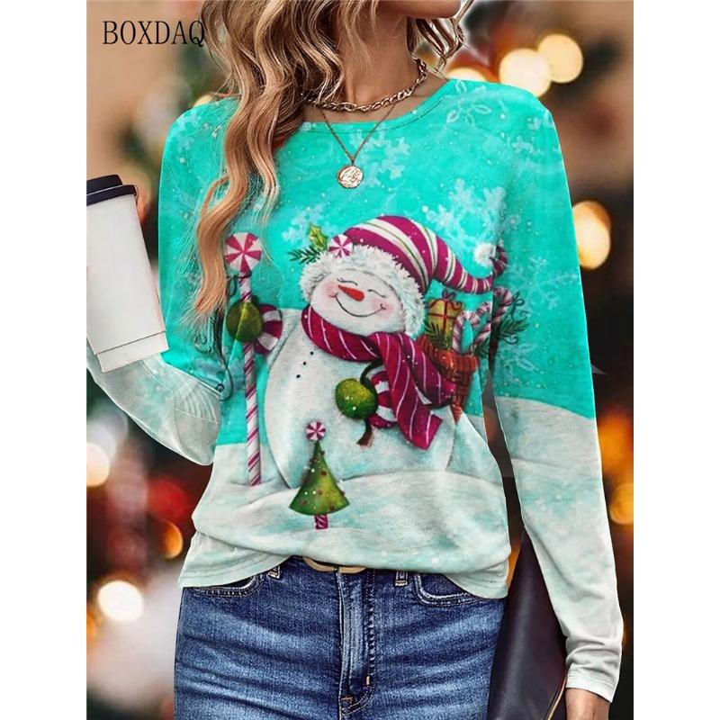 Long Sleeve Christmas Snowman Pattern Women T-Shirts Autumn Winter 3d Print