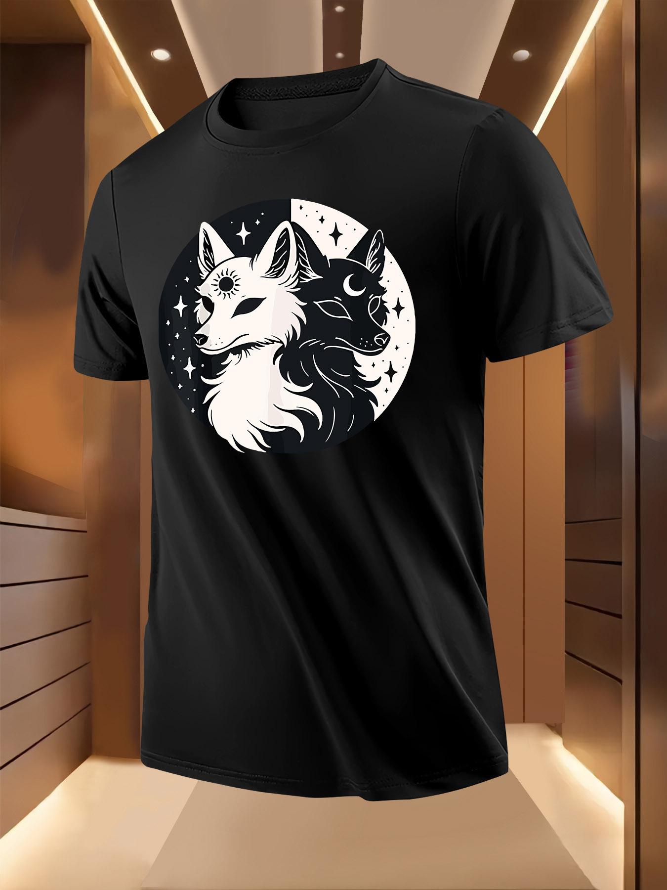 Summer Tshirt with Moon Sun Fox Print - Light Yellow XXXXL