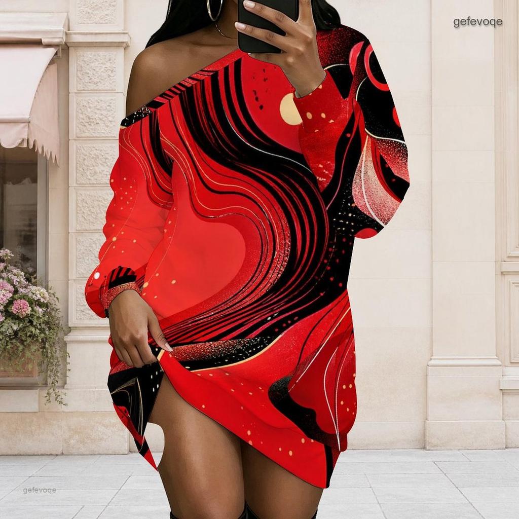 Women Plus Size One Shoulder Long Sleeve Galaxy Print Loose Tunic Dress