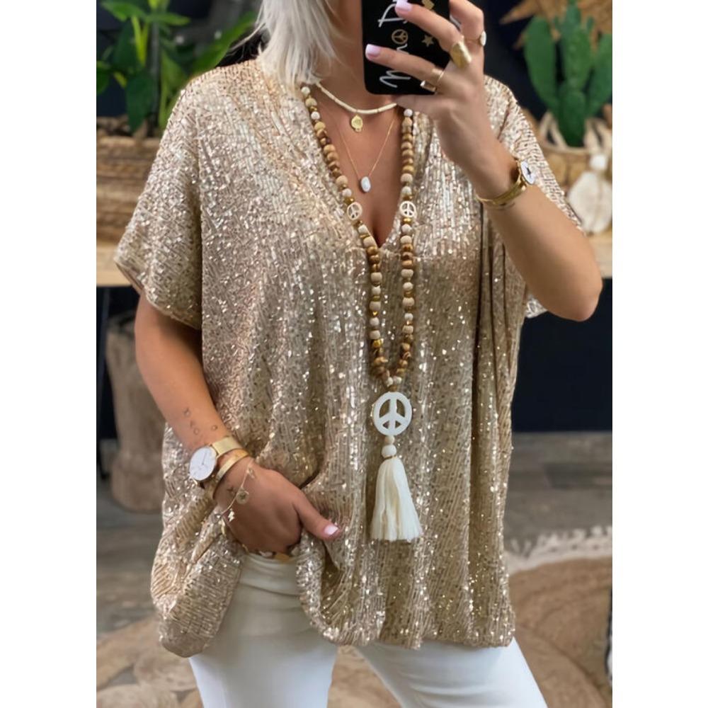 Damen V-Ausschnitt Kurzarm Tunika Oberteil Lockerer Schnitt Lässiges Pailletten Glitzer T-Shirt Für Streetwear Tägliches Urlaubs Outfit