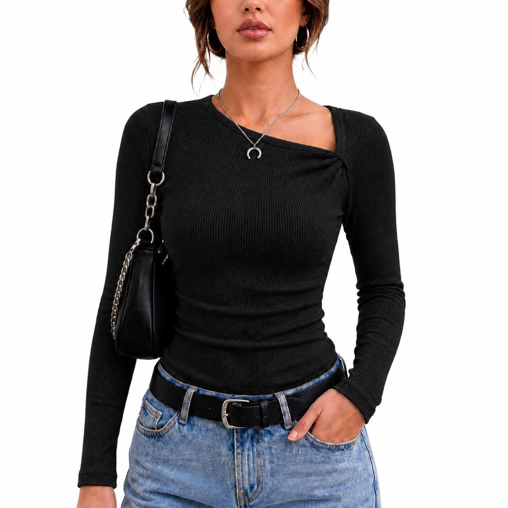 Knitted base shirt for women in spring and , with temperament and atmosphere, slanted collar top, moderate length, long sleeves