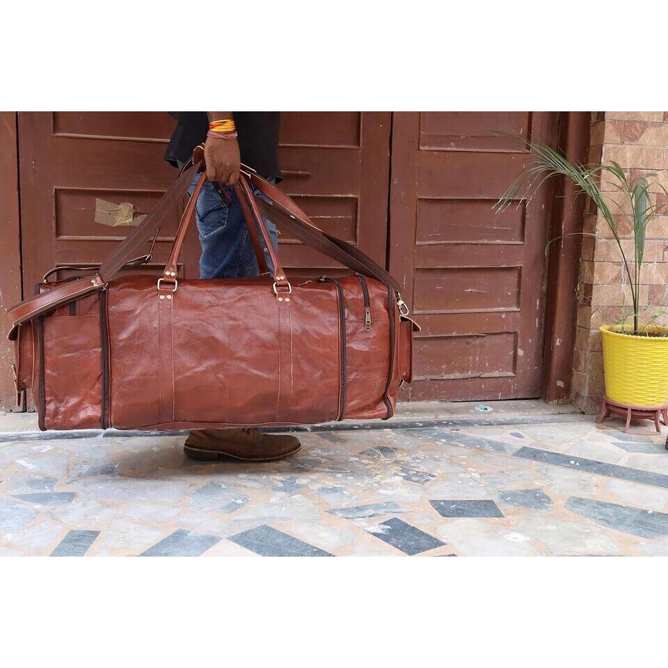 Large Leather Travel Duffel Luggage Men 30" Foldable Weekend Genuine Gym Vintage