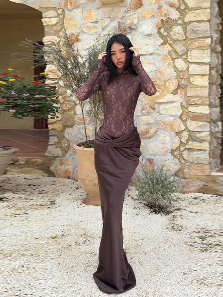 2026 European & American Women's Autumn/Winter Sexy Lace See-through Bodycon Long Dress