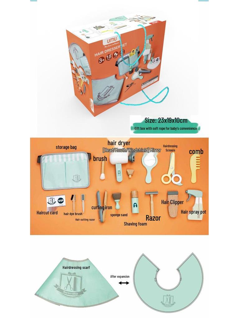 Yumu Wooden Barber Role Play Set for Kids: Pretend Play Hair Cutting & Makeup Tools