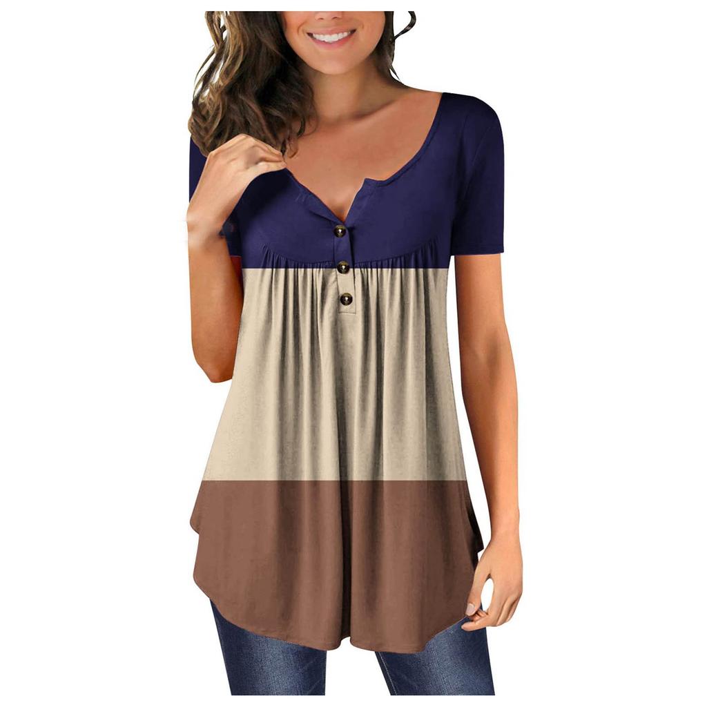 Women's V-Neck Color Block Patchwork Printed Button Flower Short Sleeve T-shirt Top