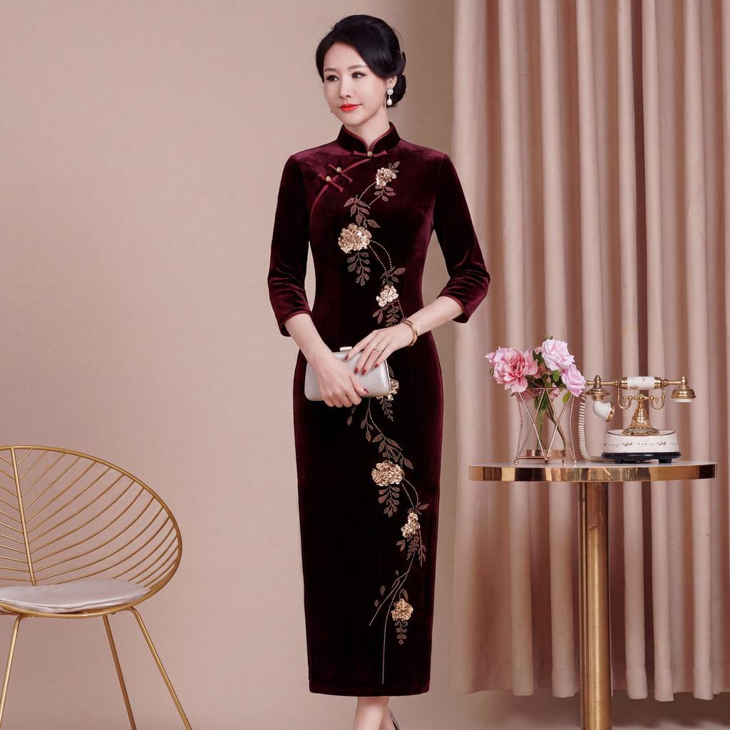 Autumn and Winter New Slim-fit Improved Velvet Cheongsam Wedding Mother-in-law Mother-in-law Toast Dress Long Dress Advanced Sense