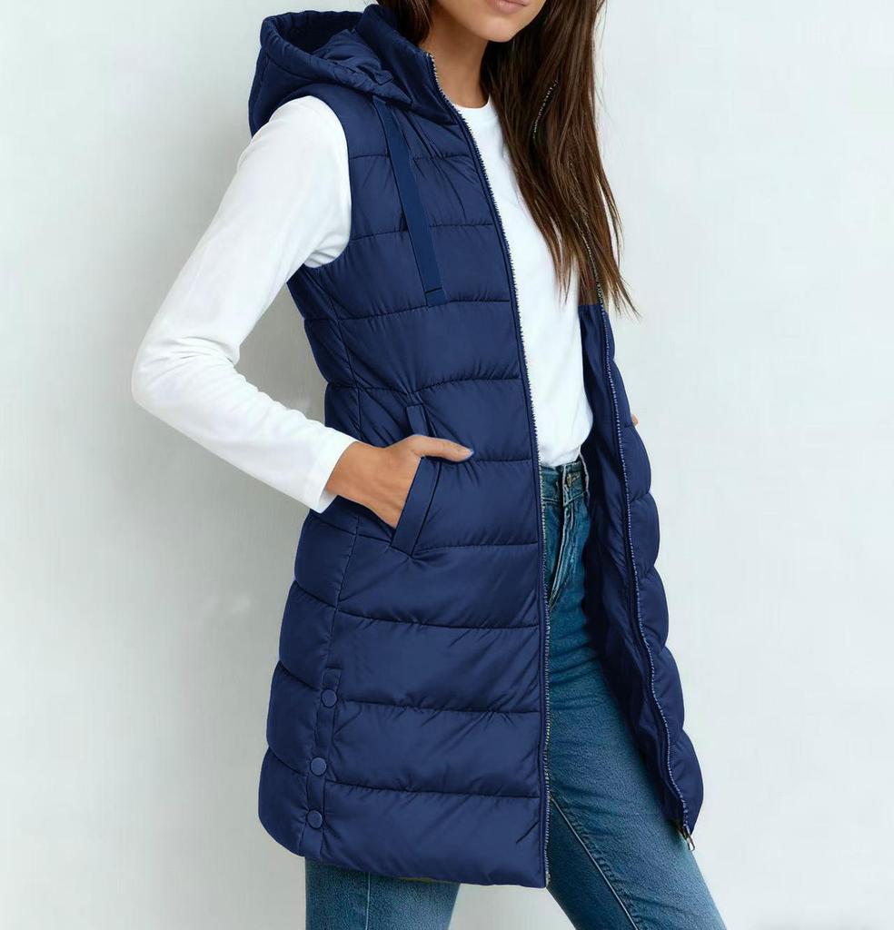 Women's Mid-Length Plus Size Solid Color Hooded Zipper Vest Jacket - Europe 2025 Collection