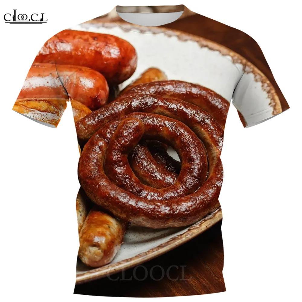 Yummy Food Graphic 3D Print T-shirts Delicacy Grilled Sausages Pullovers Summer Round Neck Fashionable Casual Short Sleeved Men's T-shirts