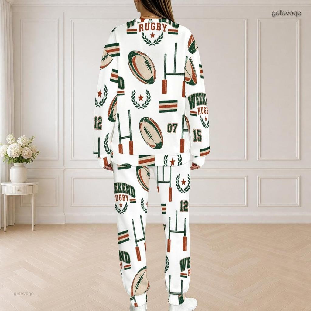 Women Plus Size White Hockey Printed Round Neck Long Sleeve Top And Pants Two Piece Set