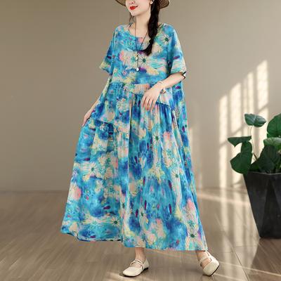 DIMANAF Neues 2026 Sommerkleid Damen Große Größen Lässig Print Langes Kleid Baumwolle Locker Übergröße Maxi Floral Sommer Strandurlaub
