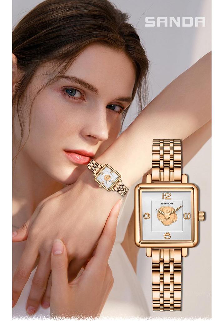 Sanda Women's Retro Waterproof Quartz Watch - Small Square Elegant Rose Dial