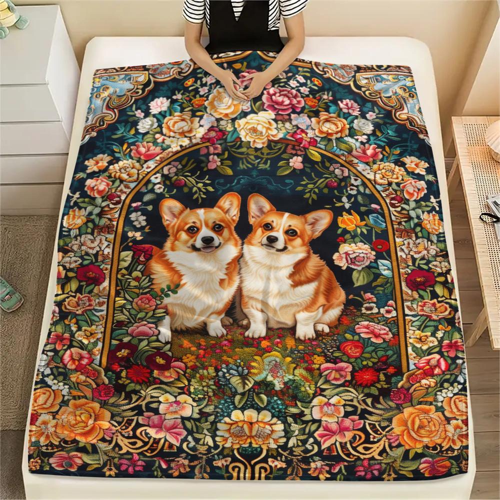 1Pc Floral Dog Print Flannel Blanket, High quality Comfortable for All Seasons, Home Decor, Warmth and Comfort, Perfect for Christmas Gifts