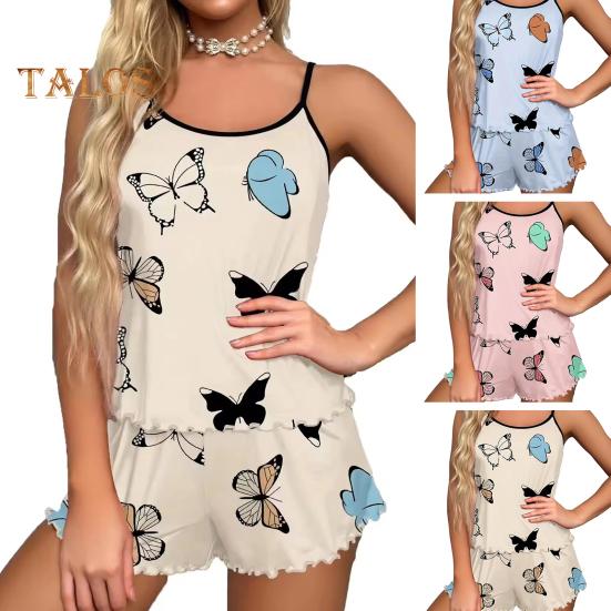 2db/szett Lady Homewear felső rövidnadrág öltöny Butterfly Print Ujjatlan, hát nélküli mellény Rugalmas magas derekú rövidnadrág Camis Shorts Outfit Lady Summer
