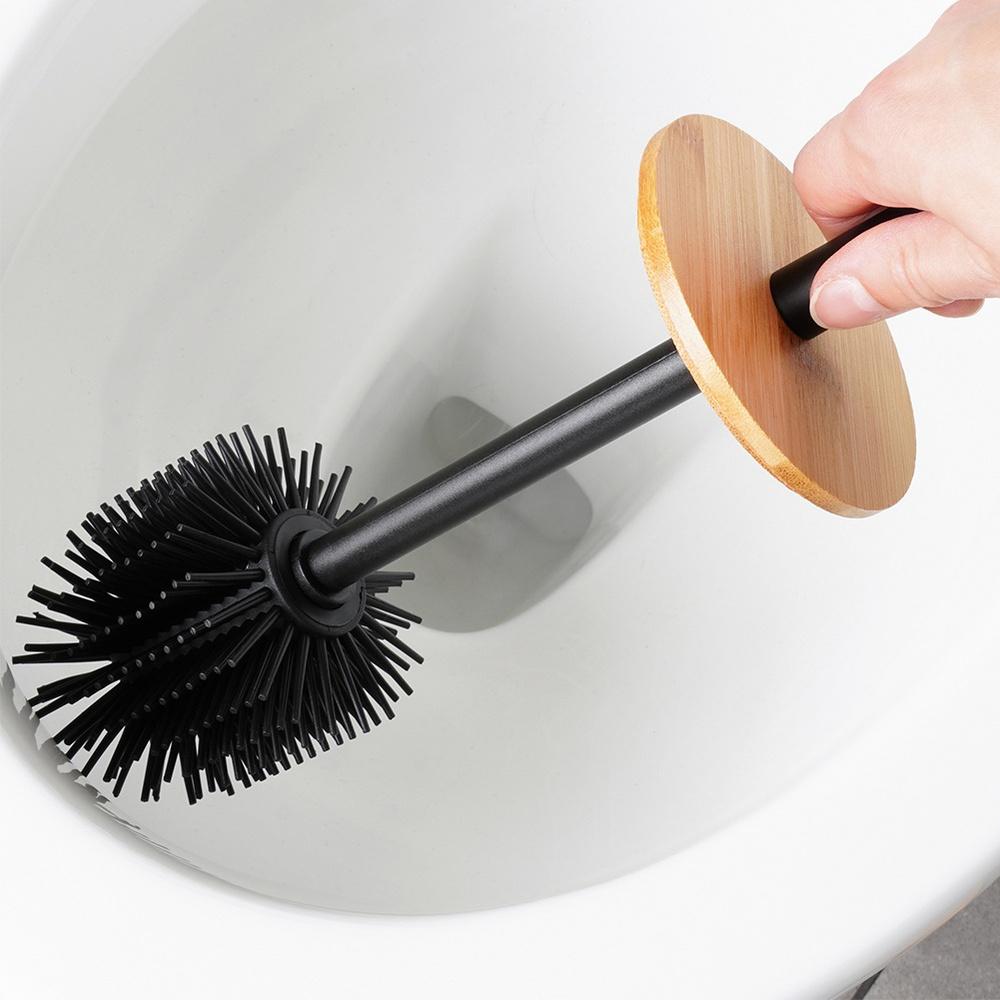Silicone Toilet Brush Bathroom Toilet Holder Stand Black Bamboo