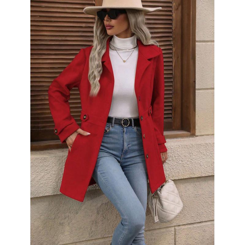 Abrigo de Lana Elegante de Longitud Media con Botón de Solapa y Diseño Entallado