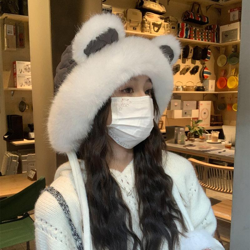 New cute bear hat women's plush warm ear protector bucket hat shows the face small versatile fashion
