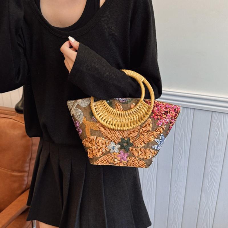Fashion Flower Sequins Embroidery Large Tote Bag Round Rattan Handle Women Handbag Casual Summer Beach Bags for Vacation&holiday