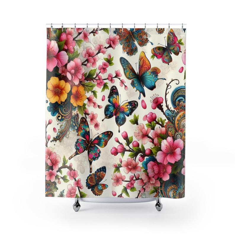 Butterfly Floral Shower Curtain Gift, Pink Cherry Blossom Bath Decor, Nature Art Bathroom, Colorful Butterfly Gift