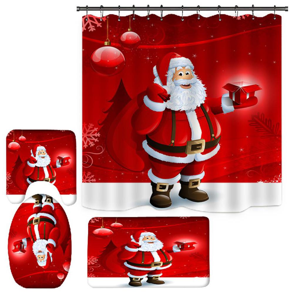 Merry Christmas Bathroom 4Pcs Set Snowman Santa Claus Pattern Waterproof Shower Curtain Toilet Cover Mat Non Slip Rug Home Decor