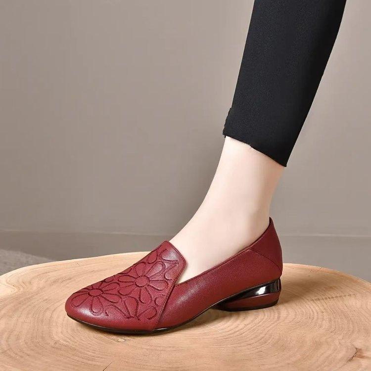 Low Heel Round Head Soft Leather Single Shoes Spring New Work Shoes Soft Sole Not Tired Feet Leather Shoes Fashion Casual Mother Shoes