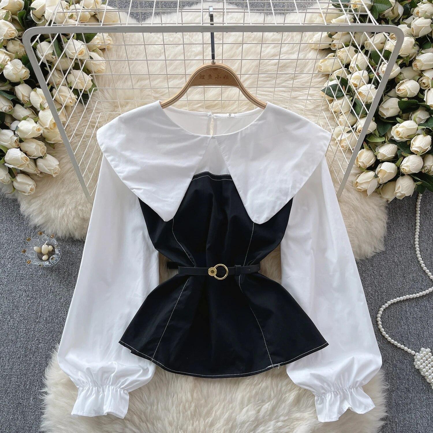 

Короткие женские рубашки корейской серии, топ с пышными рукавами, большой лацкан, контрастный цвет, пэчворк, одежда ранней весной, новая мода One size чёрный