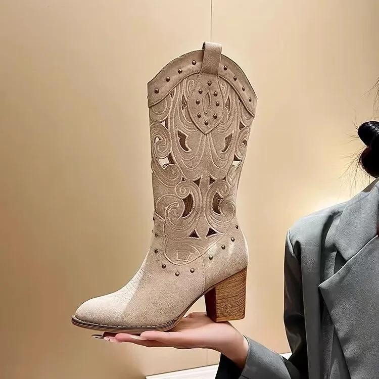 Design Hollow Embroidered Vintage Western Boots Women Autumn Chunky Heels Knee High Cowboy Boots Woman Pu Leather Knight Booties 35 3888₽