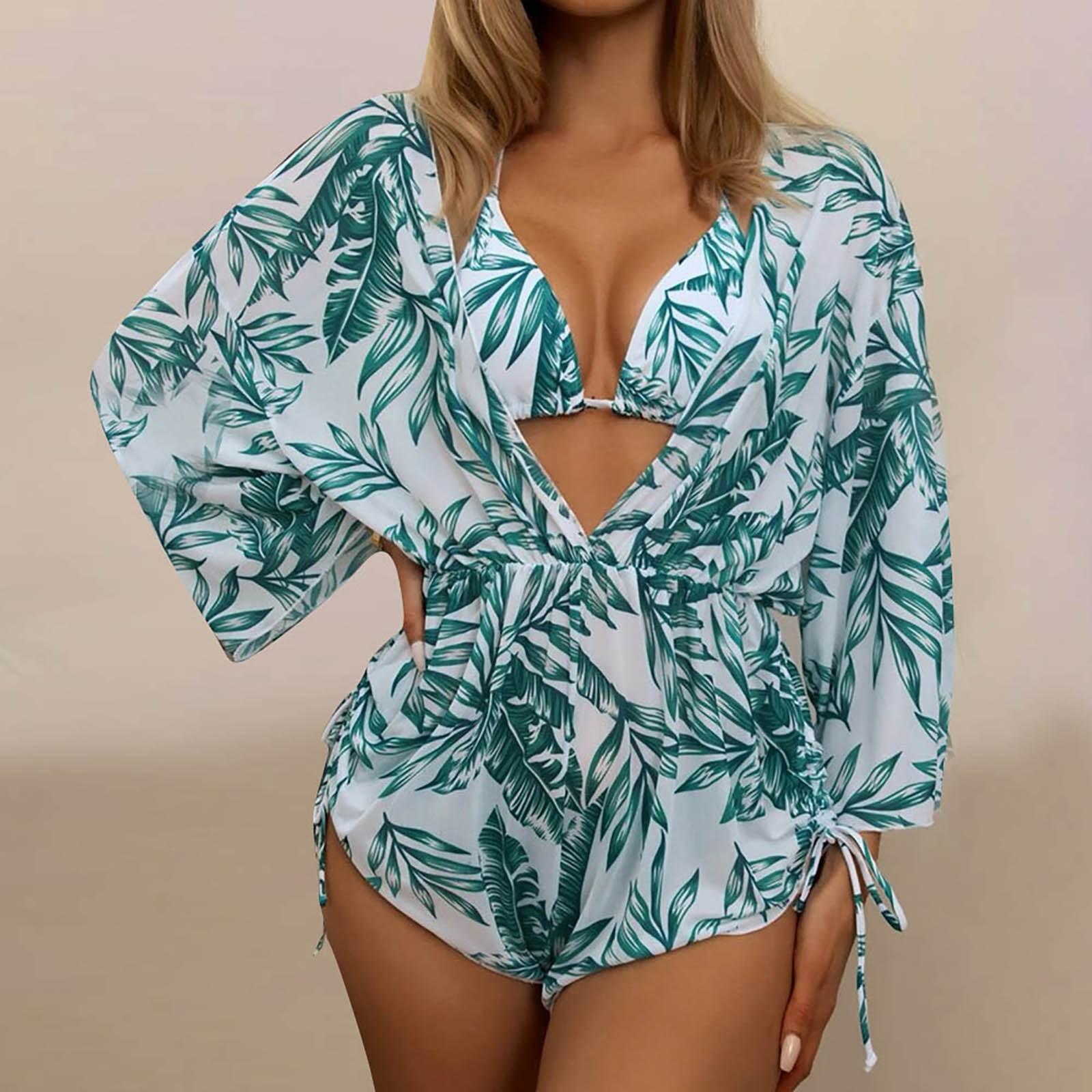 

Женский модный комплект пляжного платья с разрезом в бикини и принтом (3 комплекта с накладками на грудь без стального бюстгальтера) XL зелёный