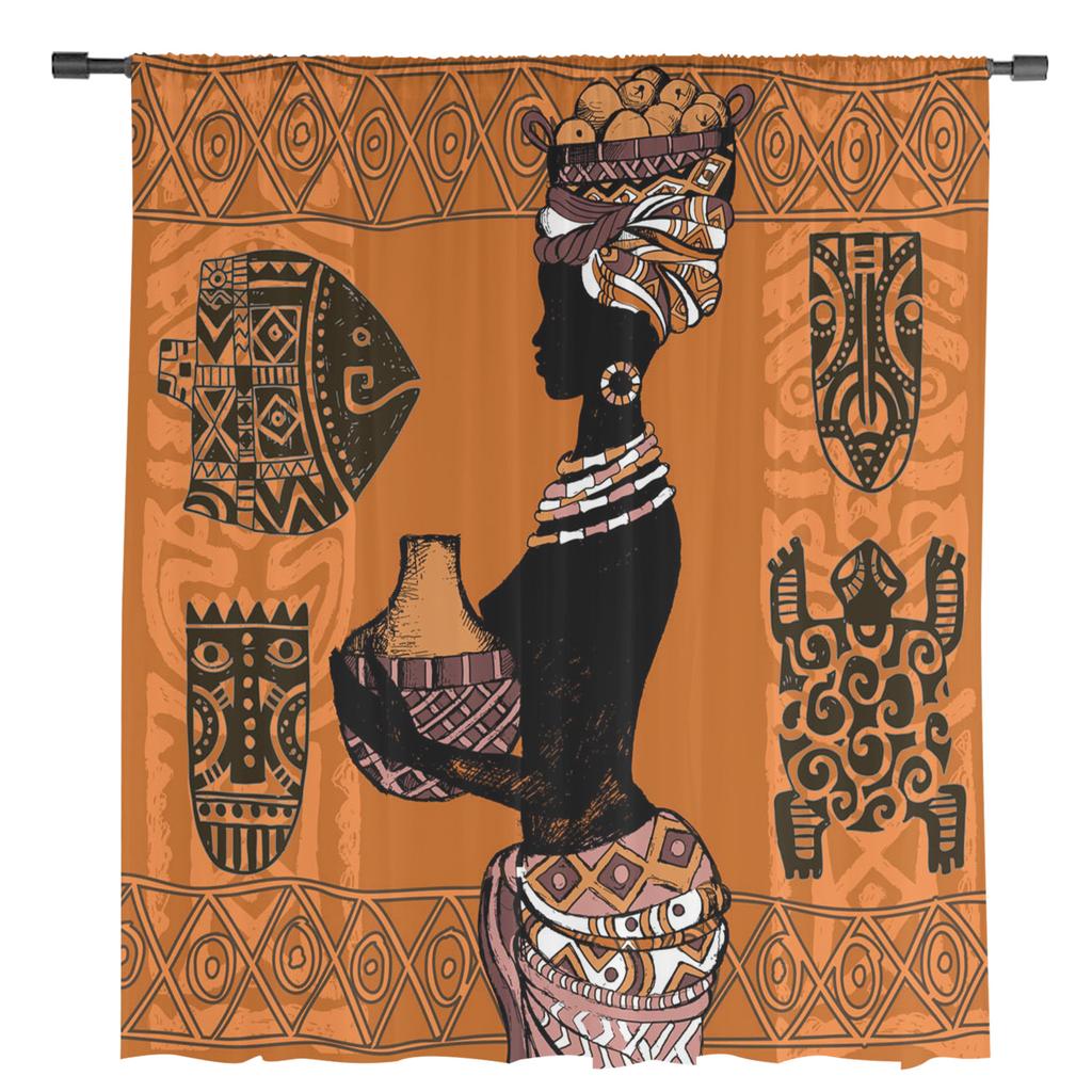 Silueta africkej ženy, geometrická kultúra, priehľadné závesy do obývačky, spálne, dekorácie, okenné voile, tylové závesy