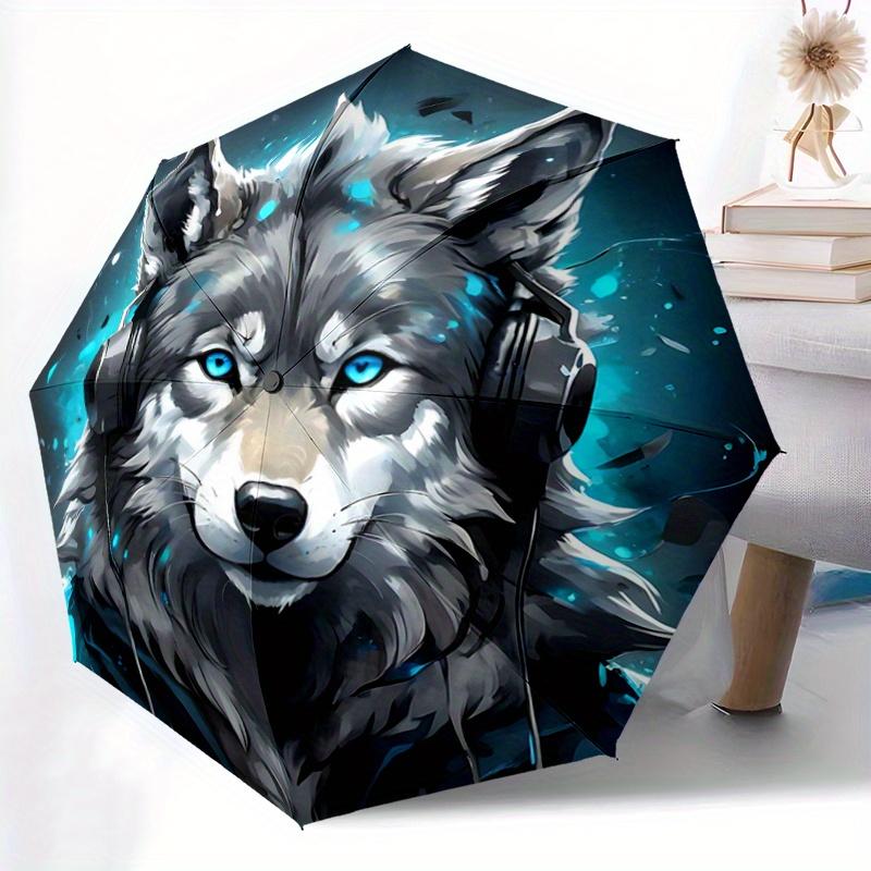 1pc Blue-Eyed Wolf In Headphones Automatic, Cute Cartoon Pattern, Portable Outdoor Umbrella, Holiday Gift for fans.C022