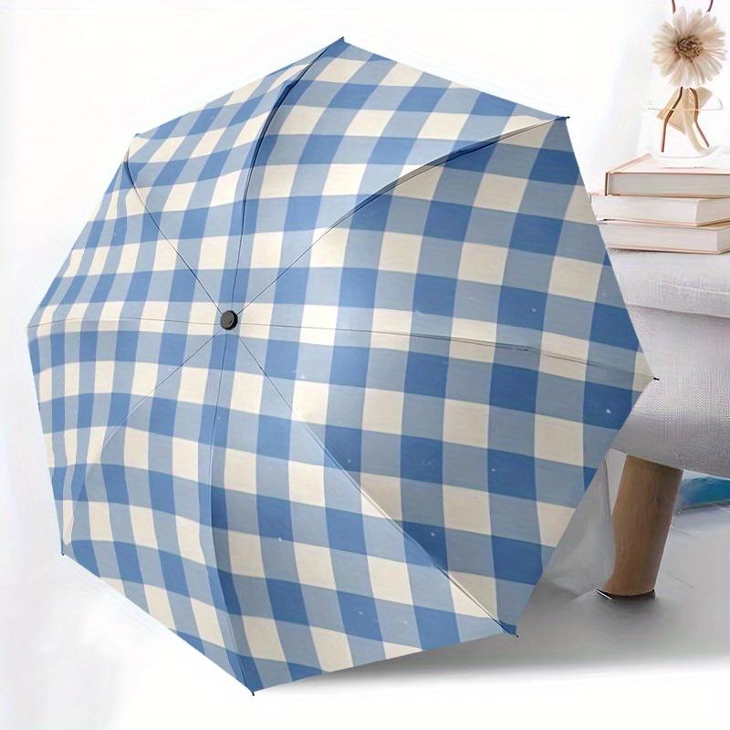 1pc Blue Checkered Pattern Automatic Open/Close Umbrella with One-Touch Button, Compact Folding Canopy, Sturdy 8-Rib Windproof Design -046