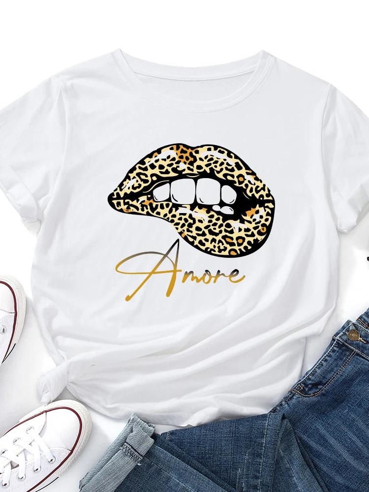 Amore Leopard Lip Print Women T Shirt Short Sleeve O Neck Loose Women Tshirt Ladies Tee Shirt Tops Clothes Camisetas Mujer