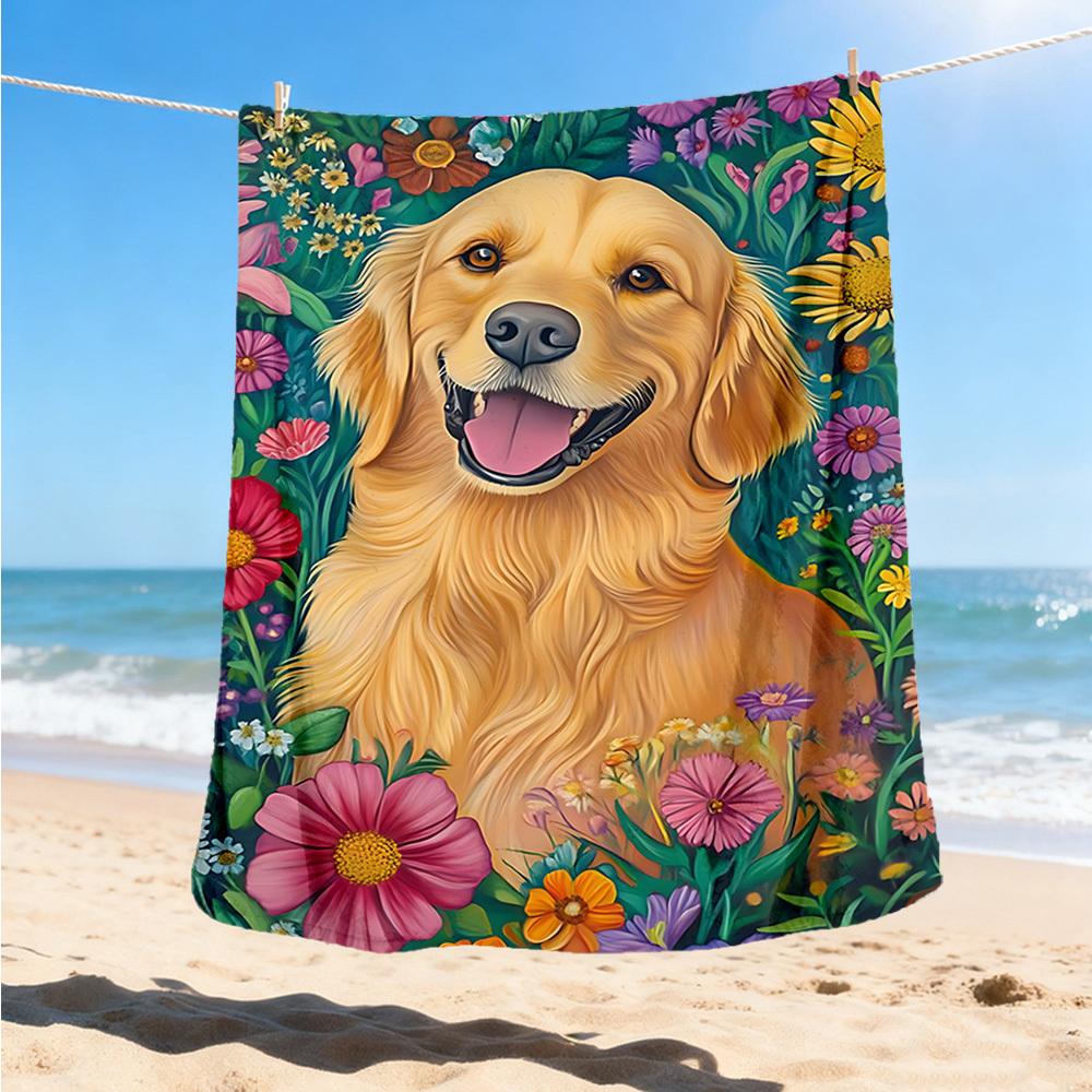 1pc Golden Retriever Floral Throw Blanket Polyester Fiber, Lightweight Flannel, Soft & Warm, All Season Use for Outdoor, Camping
