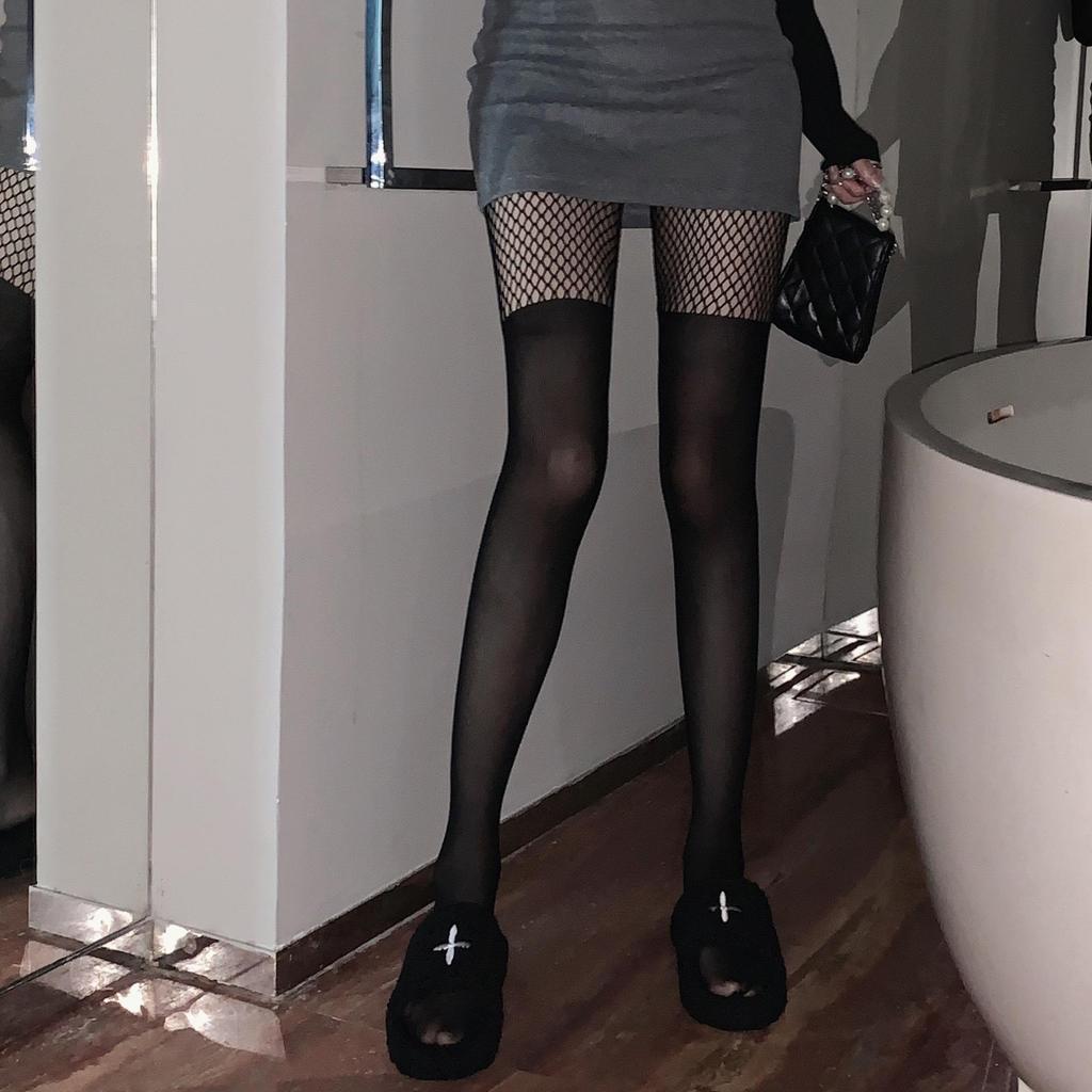 Black Spliced Stockings: Bare Leg, Sexy Romper, Over-the-Knee Fishnet for Women