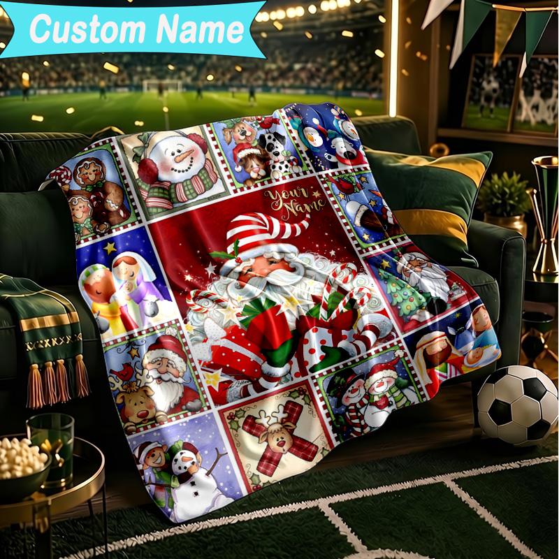 1PC Custom Name Blanket Santa Snowman Friendship Flannel Blankets Patterns Throw Blanket All-Season Soft Gift for Couch, Bed, Camping, Birthday Gifts
