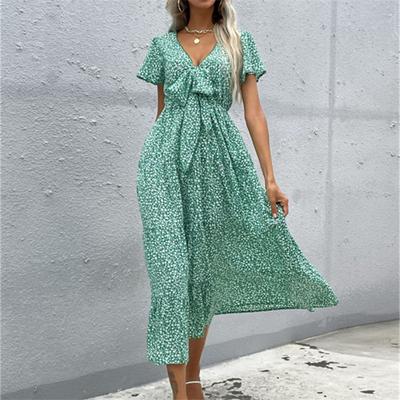 Summer Women Puff Sleeve Backless Midi Dress Vintage Floral Print Split Blue Sundress Elegant Party Beach Ladies Dress 2022