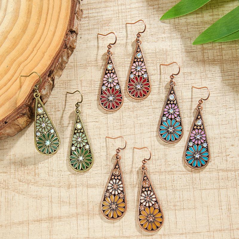 Fashion Ethnic Boho Enamel Flower Long Drop Dangle Earrings For Women Rhinestone Geometric Waterdrop Vintage Wedding Zircon
