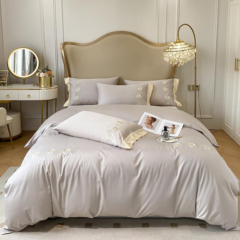 Embroidery Pure Cotton Four-piece Quilt Cover Solid Color Bed Sheet Light Luxury Style Bedding