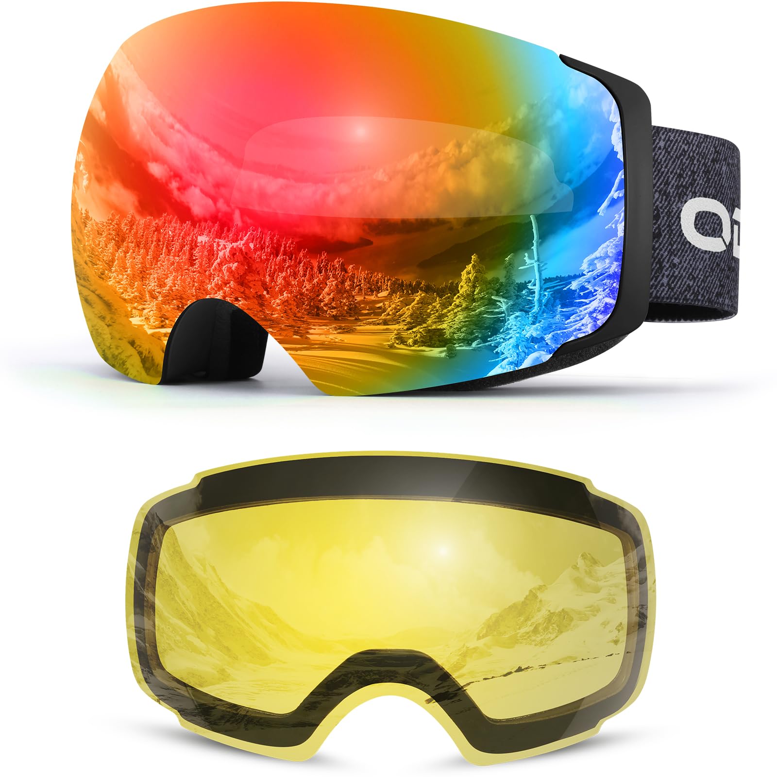 

Odoland Snow Goggles Night Ski Magnetic Interchangeable Spherical Glasses OTG Wide Field of UV400 Impact Unisex Lens VLT + Lenses, Lenses, Dual-Layer