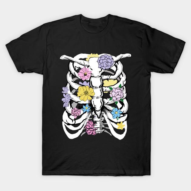

Men Black Print T-shirt Grunge White Ribcage Pastel Flowers Pastel Goth Punk No-Cut Transfer Paper Print Cotton Tshirt L чорний