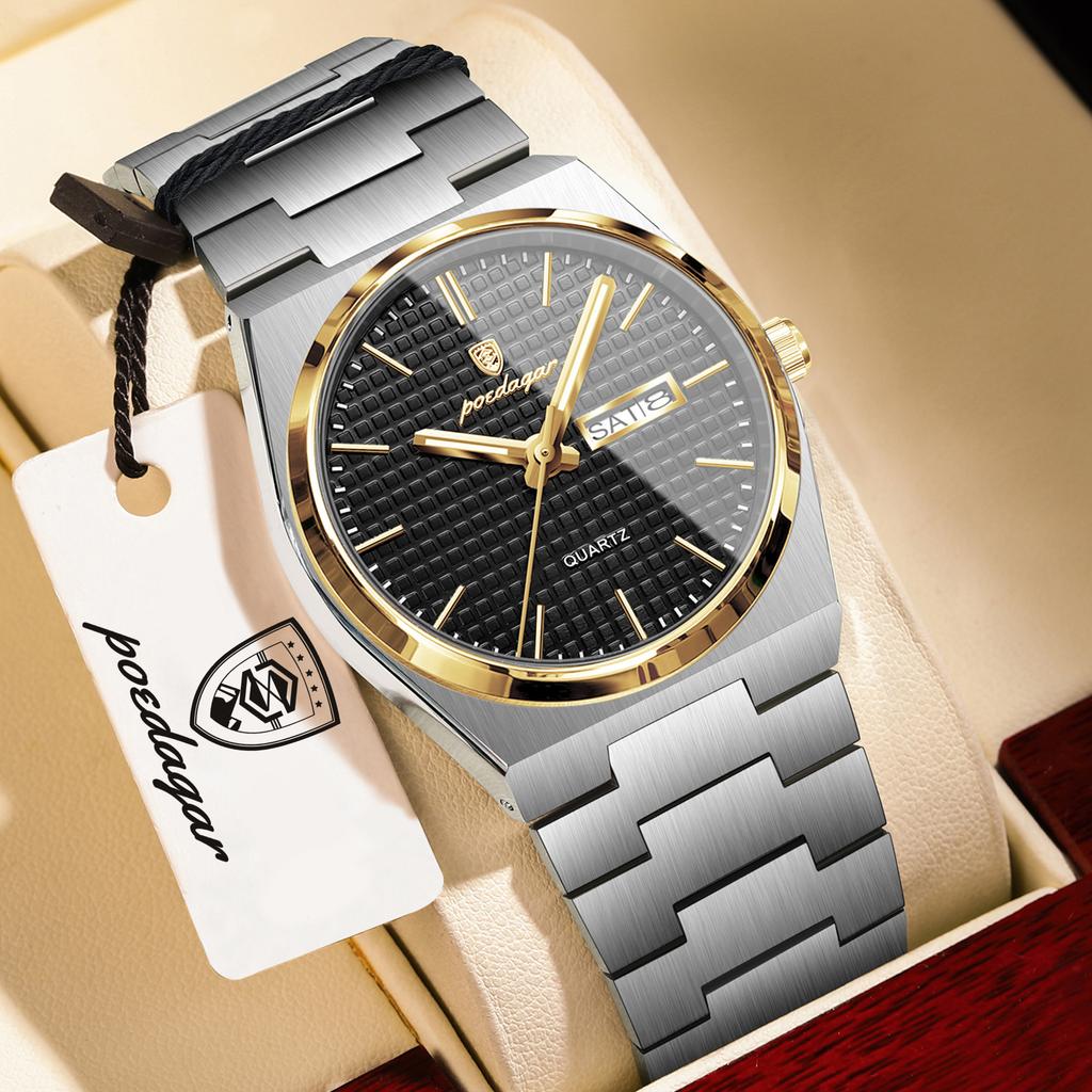 POEDAGAR Trendy Casual Man Watch Luminous Waterproof Stainless Steel Classic Men Wristwatch Date Week Men's Quartz Watches Reloj