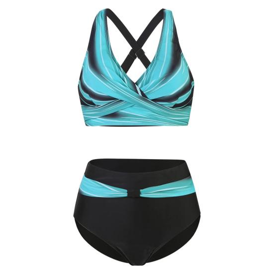 2Pcs/Set Women Swimsuit Set Push-Up Padded Tops High-Waist Swimming Trunks Set Patchwork Color Bikini Set