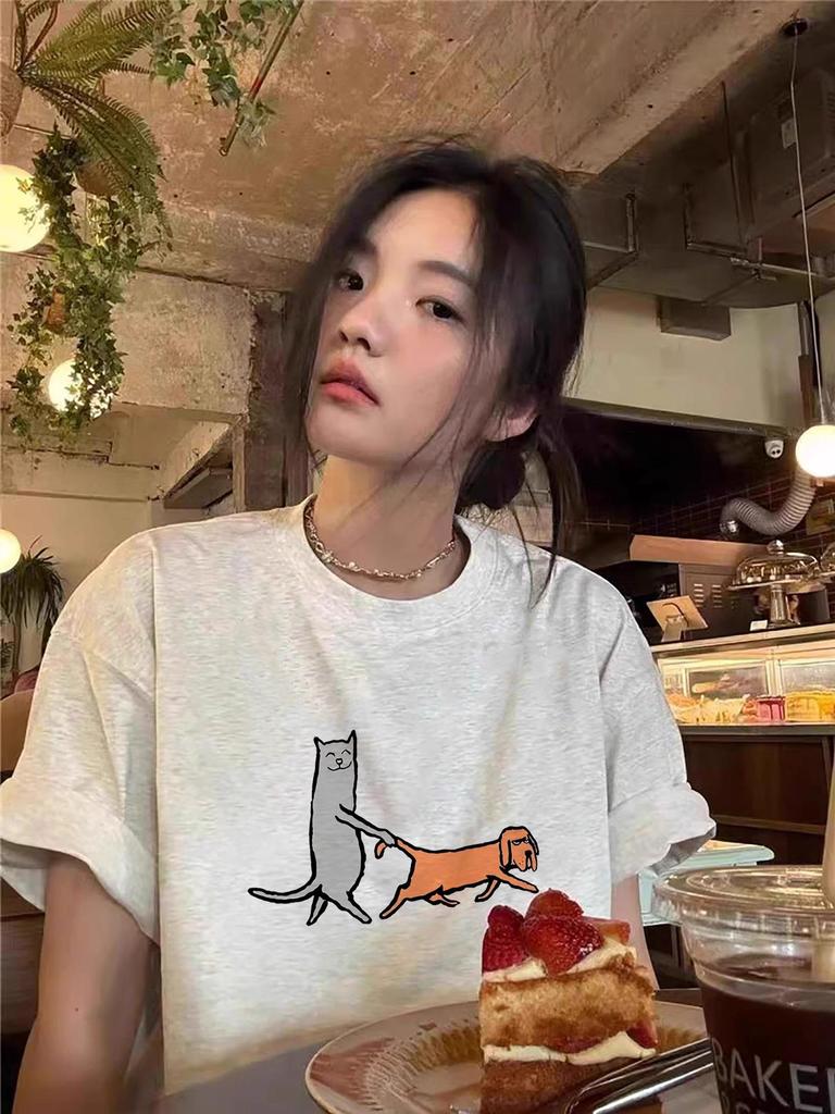 Women's Summer 2025 Oversized White Cotton Half-Sleeve T-Shirt - American Style
