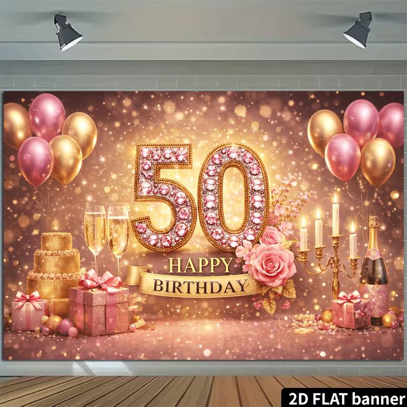 2D Pink Gold Glitter 50th Birthday Backdrop Home Party Celebration Photo Background
