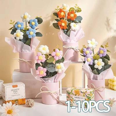 1-10 szt. Dzianinowy Bukiet Kwiatów Zestaw Prezentowy Ręcznie Robiony Ściegiem Prezent na Dzień Matki Szydełkowy Sztuczny Bukiet Kwiatów Rękodzieło Dekoracja Domu