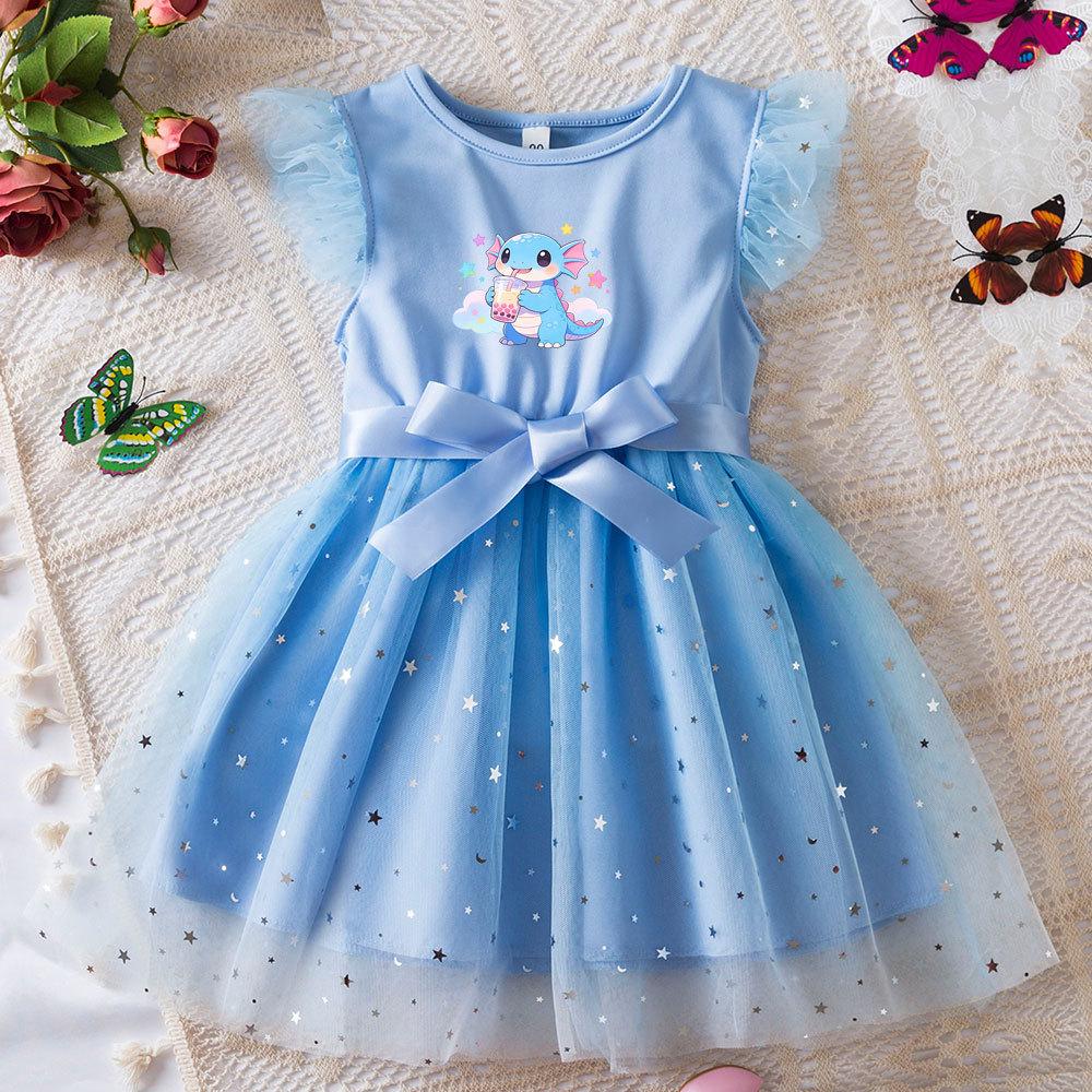 Hexagonal Dragon Princess Dress Butterfly Mesh Tutu Gown Girls Birthday Party Toddler Summer Outfit